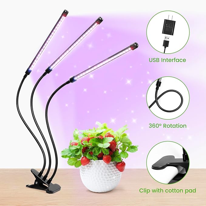 Clip Grow Light for Indoor Plants, Red Blue Spectrum Plant Growing Lamp with 3 Switch Modes,10-Level Dimmable,Auto ON & Off,3/9/12H Timer,Adjustable Gooseneck,1485 Lumen,Input Volateg 15W