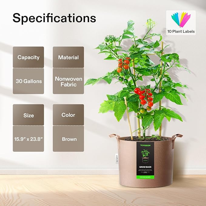 VIVOSUN 5-Pack 30 Gallons Grow Bags Heavy Duty Thickened Nonwoven Fabric Pots with Strap Handles Tan