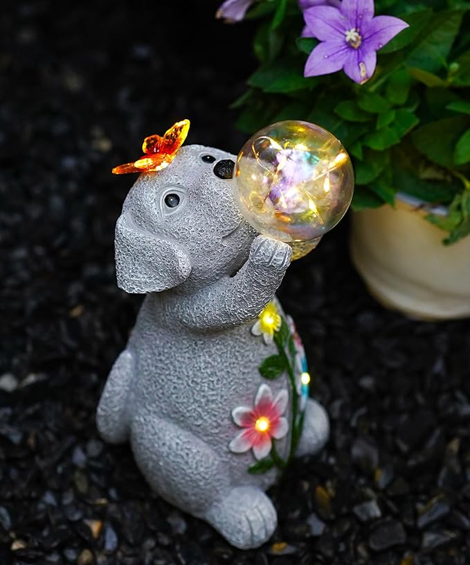 Solar Funny Dog Statue for Garden: Outdoor Sculptures with Ball Lights and Butterfly Clearance Lawn Ornaments Yard Porch Patio Balcony - Gifts for Mom Grandma