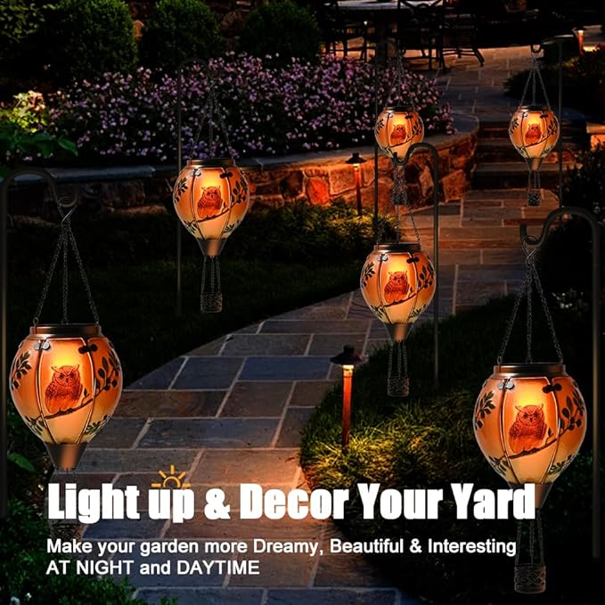 Hot Air Balloon Solar Lantern - Owl Bird Stained Glass Lantern with Simulated Flickering Flame, Outdoor Hanging Yard Light Waterproof IP65 & Weather Resistant for Patio Lawn Porch Decor Gfit