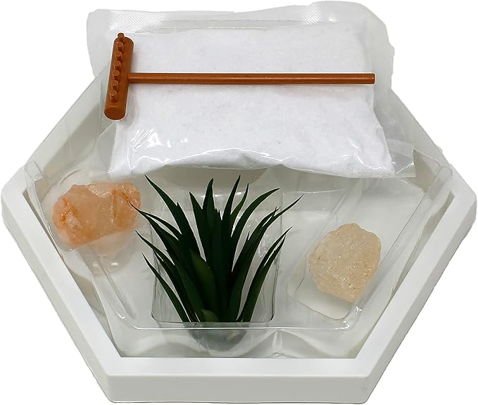 Nature's Mark Mini Zen Garden Kit for Desk with White Sand, Rake, White Base, Salt Rock and Air Plant (Hexagon)