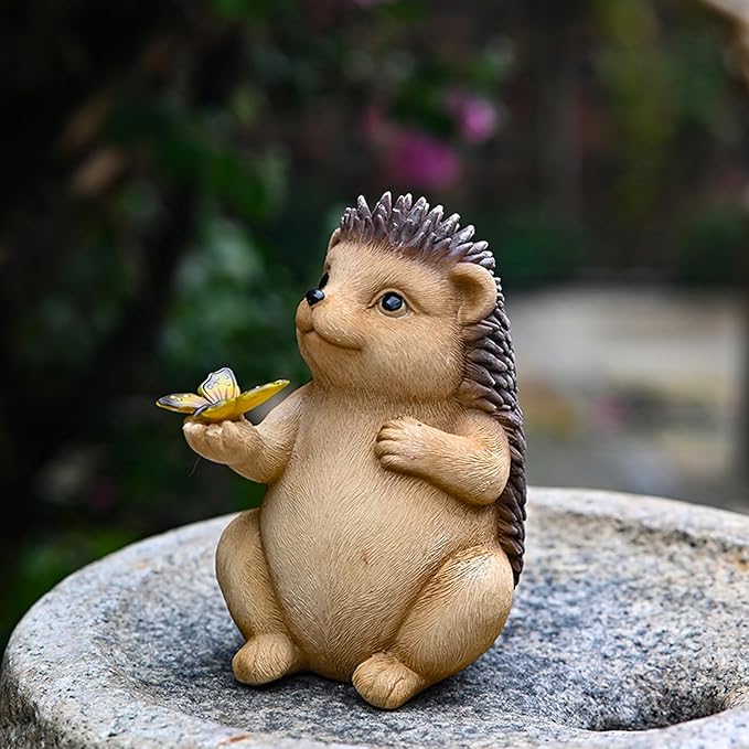 Solar Hedgehog Outdoor Statues Garden Decor with Butterfly LED Lights Hedgehog Statues for Patio Balcony Yard Lawn Ornament, Birthday Mother Day Gardening Gifts for Mom Grandma Women