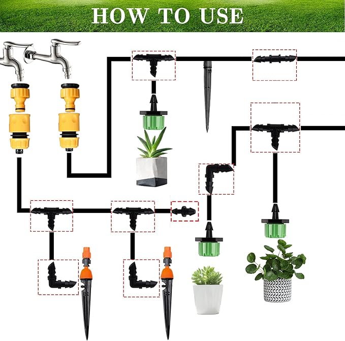 Drip Irrigation Fittings Kit for 1/4" Tubing, 130 Pieces Drip Line Connectors for Drip Systems - 60 Couplings, 40 Tees, 20 Elbows, 10 End Plugs - Drip Irrigation Parts for 1/4 Inch Drip Hose