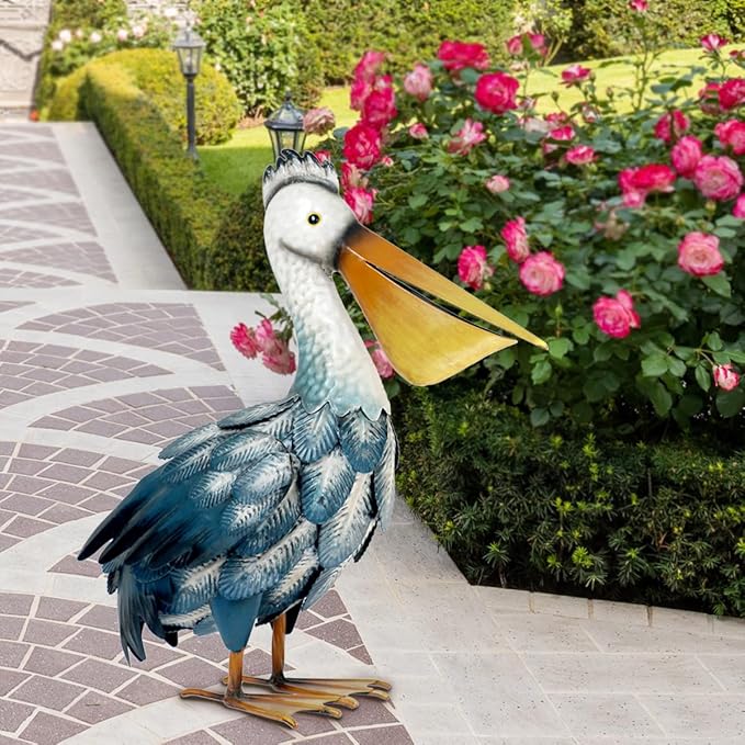 Kircust Pelican Statues, Garden Outdoor Decor Yard Art, Coastal Ocean Metal Bird Sculpture Ornament for Backyard Porch Patio Pond Decorations