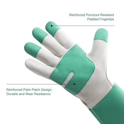 HLDD HANDLANDY Gardening Gloves for Women & Men, Leather Long Sleeve Rose Pruning Gloves, Thorn Proof Garden Work Gauntlet Animal Handling Gloves (Large, Green)