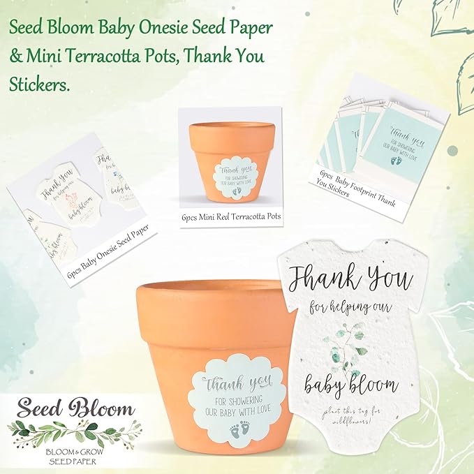 Set of 6 Seed Paper – 6 Green Onesie & 6 Orange Pots with Stickers for Weddings & Life Events