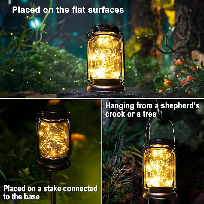 Solar Fairy Lanterns,4 Pack Solar Mason Jar Lights,Mother's Day Gifts For Mom Women Grandma Hanging Lanterns Outdoor Waterproof,Glass Jar Starry Light with Stakes for Garden Patio Party Holiday
