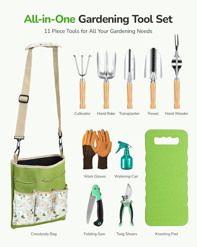All-in-One Garden Tool Set, 11-Piece Heavy Duty Gardening Tools with Ergonomic Canvas Shoulder Crossbody Bag, Rust-Proof Premium Garden Tool Kit, Gardening Gift for Women Men
