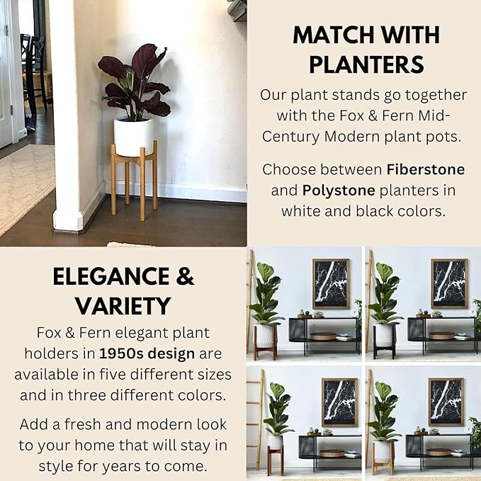 Fox & Fern Adjustable Tall Plant Stand Indoor — 8 to 12 Inch Mid Century Bamboo Plant Stand with Adjustable Width; Plug In Design; Easy to Assemble; Two Height Options - For 8, 9, 10, 11 & 12 In Pots