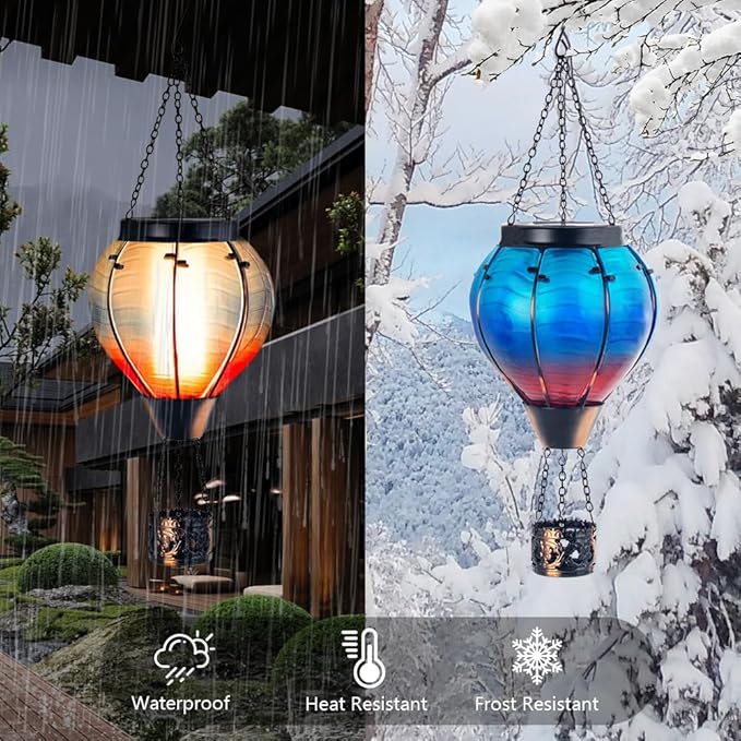 Starsoul Blue Hot Air Balloon Solar Lantern Glass Solar Hot Air Balloon Flickering Flame Hanging Garden Light Waterproof Solar Lamp Hot Air Balloon Garden Yard Farmhouse Decor