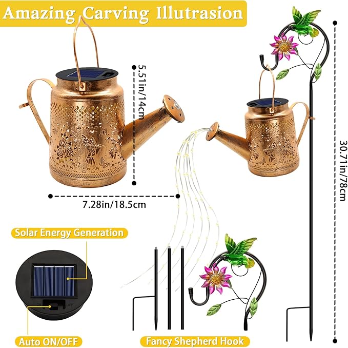 Solar Lanterns Outdoor Waterproof,Hummingbird Watering Can Garden Decor,Hanging Solar Path Lights Yard Art,Outside Patio Decorations Gardening Birthday Gifts for Mom Grandma Women with Shepherd Hook