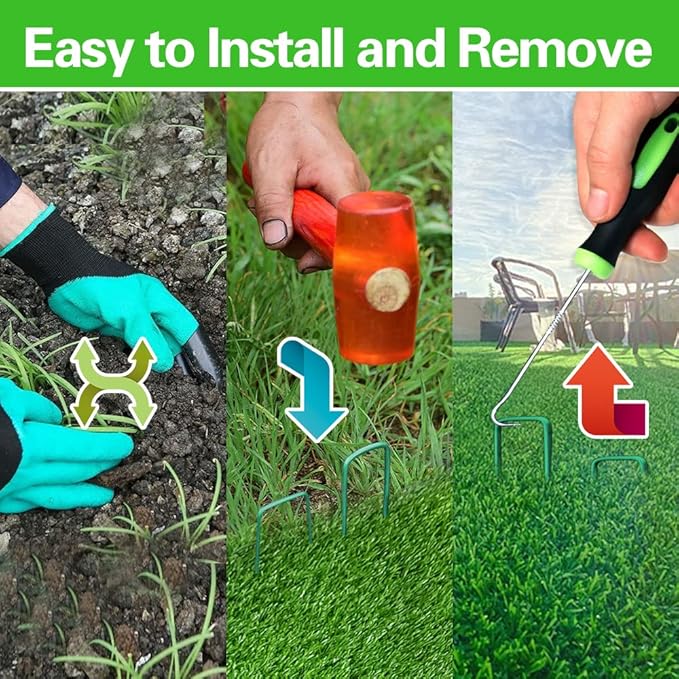 Bakulyor 200Pcs Green Landscape Staples 6 Inch Garden Artificial Turf Stakes Staples, 11 Gauge Lawn Galvanized Ground Fabric Pins for Weed Barrier Sod Decorations Holding Fence and Irrigation Tubing