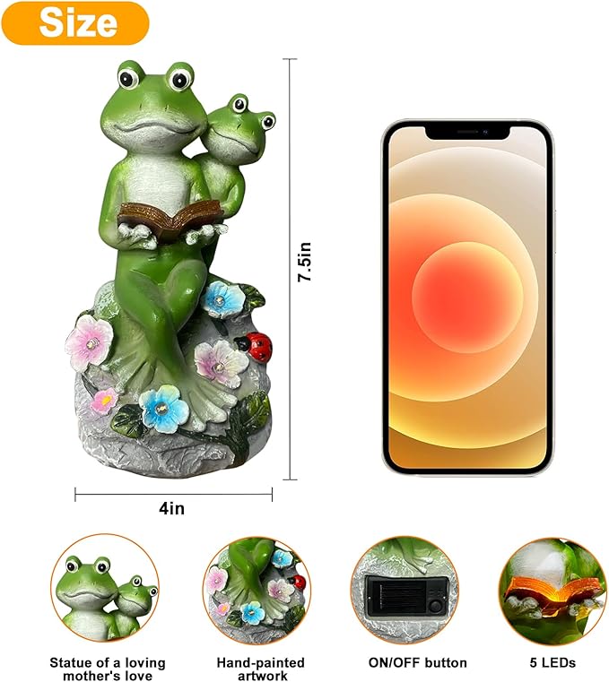 Frog Garden Statue,Frog Garden Decor,Solar Frog Statue Sitting on a Stone Reading a Book with 5 LEDs for Lawn Patio Yard Porch Decoration, Outdoor Garden Decor, yijiayi-008
