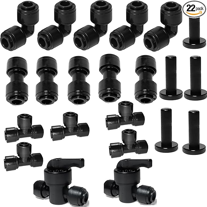 1/4 "O.D.Quick Connection Fitting,1/4" Push Connection Fitting,1/4 Water Line Fitting,Pipe Fitting for Reverse Osmosis Systems (Elbow + In-line + Triway + End Cap + on-off Valve,22Pack)