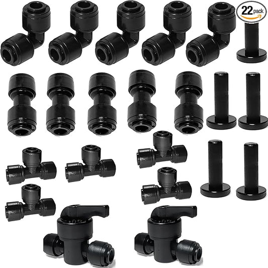 1/4 "O.D.Quick Connection Fitting,1/4" Push Connection Fitting,1/4 Water Line Fitting,Pipe Fitting for Reverse Osmosis Systems (Elbow + In-line + Triway + End Cap + on-off Valve,22Pack)