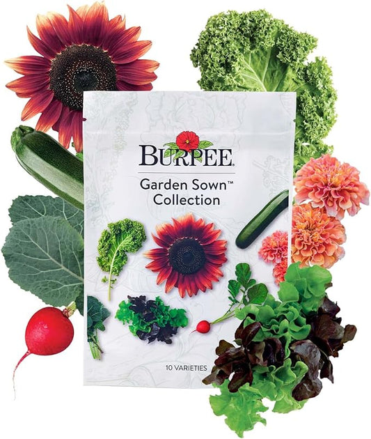 Burpee Garden Sown Flower, Herb & Vegetable 10 Packs of Non-GMO Basil, Lettuce, Cucumber, Radish, Spinach, Kale, Zucchini, Sunflower & Marigold, Seeds for Planting