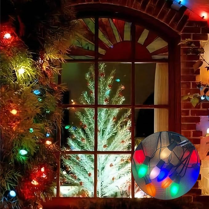 C9 LED Christmas Lights,25FT Vintage C9 Multicolor Christmas Lights Outdoor with 26 Colorful Ceramic LED Bulbs,Connectable Waterproof Christmas Lights for Outdoor Christmas Decorations Tree Garden Gar