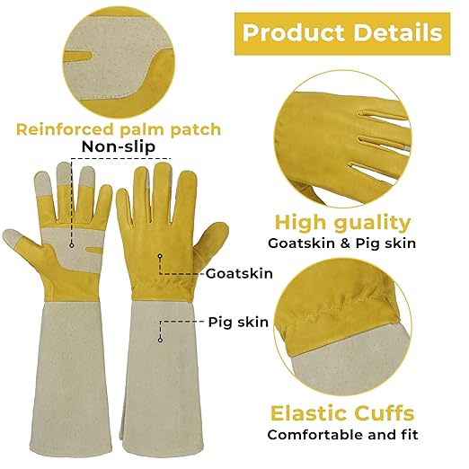 HLDD HANDLANDY Gardening Gloves Long Sleeve for Women Leather Garden Gloves Gardening Gifts for Gardener, Golden Yellow, L