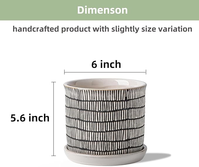 6 Inch Plant Pot: Ceramic Planter with Drainage Hole & Saucer for Indoor Outdoor Plants - Flowerpot with Bonded Tray for Home Office - Mixed Stripe Debossed