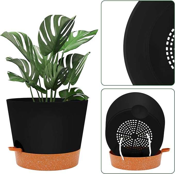 GARDIFE 12 inch Plant Pots, planters, Self Watering Pots, Large Plastic Flower pots with Deep Reservior and High Drainage Holes for Indoor Outdoor Plants and Flowers, Black