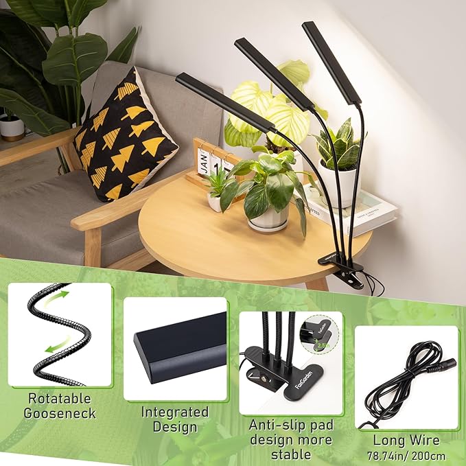 FOXGARDEN® Grow Lights Full Spectrum, Tri-Head Plant Lights for Indoor Growing with Flexible Gooseneck, 156 LEDs Clip Grow Lamp with 4/8/12H Timer, 4 Brightness Levels, Ideal for Indoor Growth