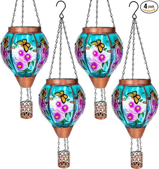 4 Pack Solar Hot Air Balloon Lantern with Flame， Butterfly Glass Outdoor Solar Lanterns for Outside Hanging Farmhouse Patio Pathway Decor, Butterfly Gifts for Women Grandma Mom - Butterfly