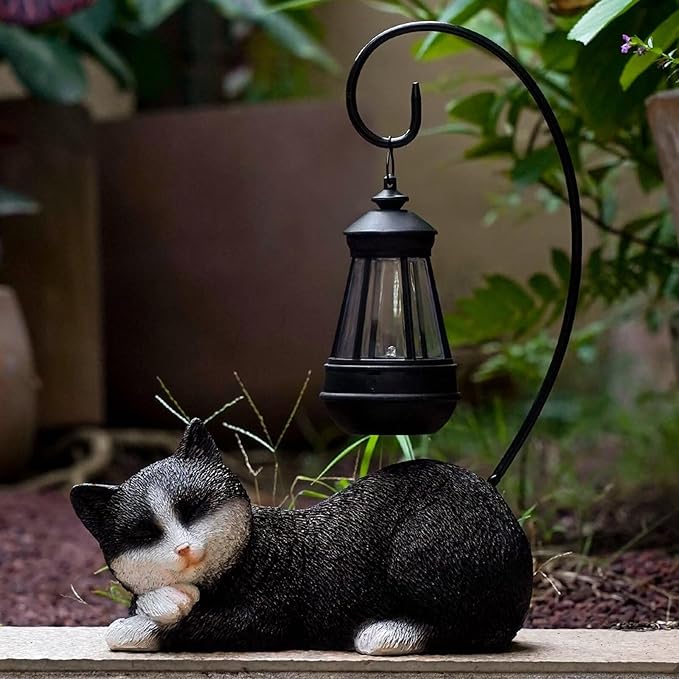 Garden Statue Solar Cat Figurine with Solar Lantern, 13" Tall Cat Statue Resin Kitten Yard Art, Cat Statues Outdoor Statue Decoration for Whimsical Lawn, Porch, Balcony, Housewarming Gifts for Mom