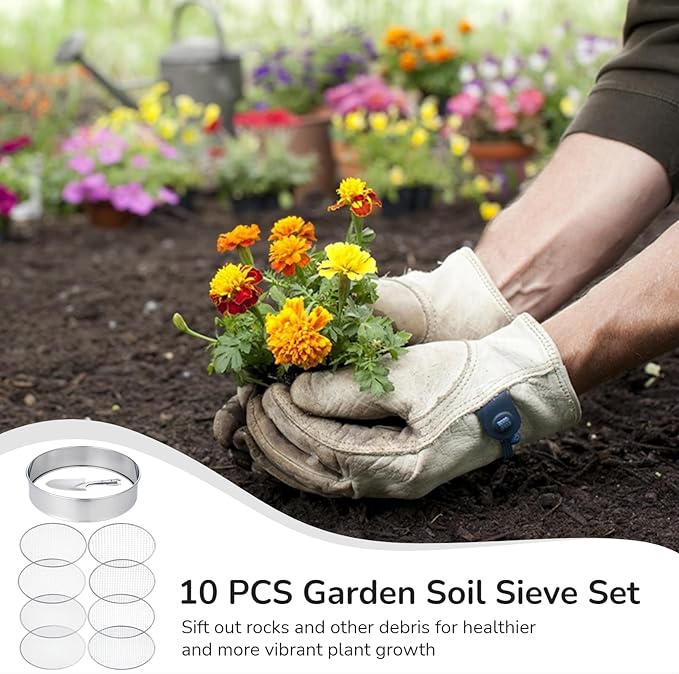 10 PCS Soil Sieve Set, Garden Potting Soil Sifter, 12 Inches Stainless Steel Riddle Sieve, Fine Mesh Soil Sieve, Soil Shovel and 8 Interchangeable Filter Mesh Sizes 2, 3, 5, 6, 7, 9, 10, 12mm