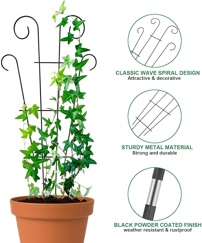 4 Pack 23'' Metal Garden Trellis for Climbing Plants Outdoor, Indoor Plant Trellis Support for Potted Plants, Rustproof Pot Trellis for Houseplant Flower Vines Ivy, Wave Shape, Black