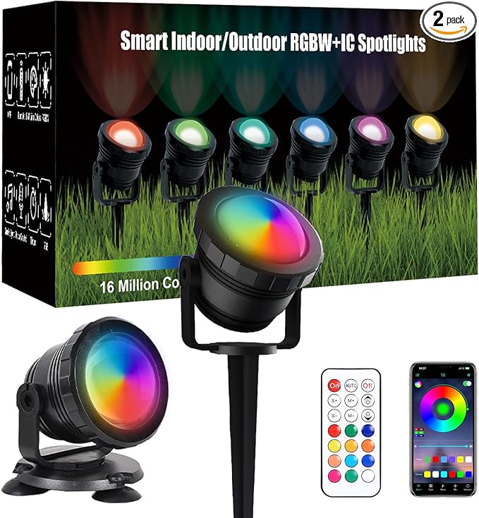 Smart APP Outdoor Landscape Spotlights IP68 Waterproof, RGB Color Changing Music Sync LED Landscaping Lights, Suction/Insertion Type Low Voltage Landscape Lighting for Christmas Halloween Decorations