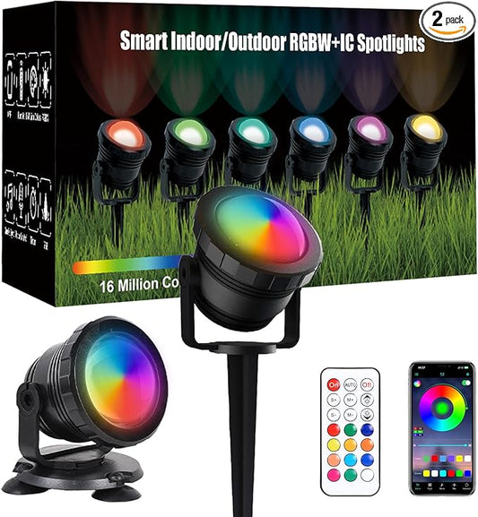 Smart APP Outdoor Landscape Spotlights IP68 Waterproof, RGB Color Changing Music Sync LED Landscaping Lights, Suction/Insertion Type Low Voltage Landscape Lighting for Christmas Halloween Decorations