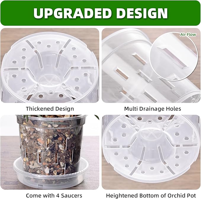 TRUEDAYS 4 Pack Orchid Pot with Saucers Garden Pot 5 Inch Clear Plastic Plant Pots with Drainage Holes for Indoor Outdoor Plants