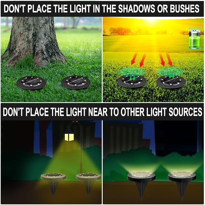 Solar Powered 8 Pack Outdoor LED Disk Lights - IP68 Waterproof, Non-Slip, Wear-Resistant Pathway Lights (Warm White)