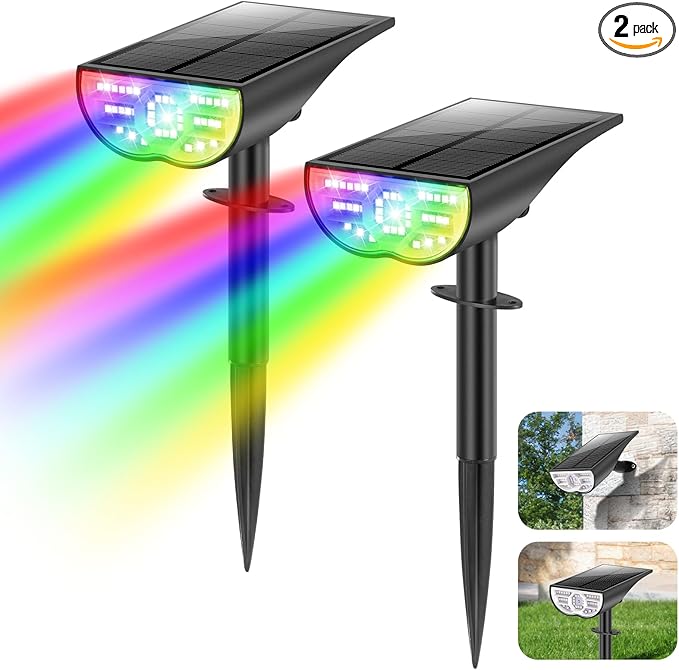 TOBUSA Solar Spot Lights Outdoor Waterproof, RGB Solar Color Changing Lights with 9 Lighting Modes, Multi-Color Solar Powered Landscape Spotlights for Holiday Decorations Yard Garden Pathway, 2-Pack