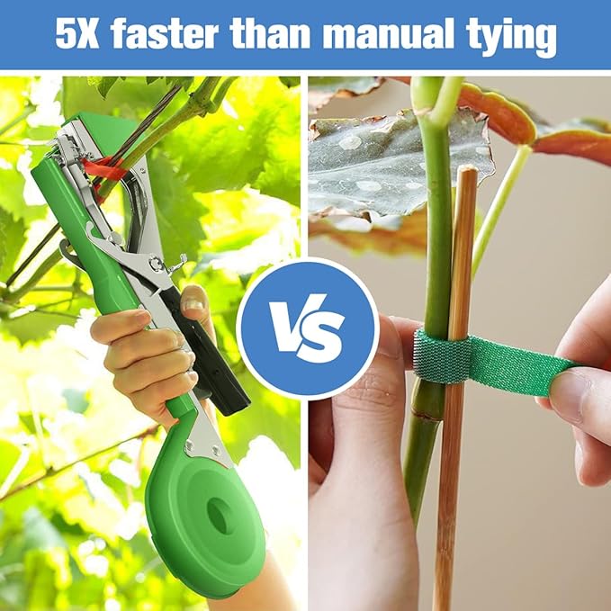 FUNTECK Plant Tying Machine to Tie Tomatoes Peppers and Cucumbers Quickly and Easily, Great for Gardeners Farmers, Including Spare Parts, Tapes and Staples, Green