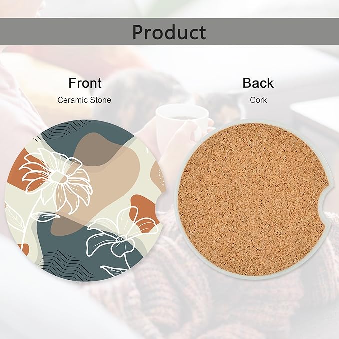 Abstract Flowers Leave Car Coasters,Ceramic Absorbent Cup Holders with Finger Notch & Cork Base Car Assecories for Women/Men 2.6"(2 Pieces)