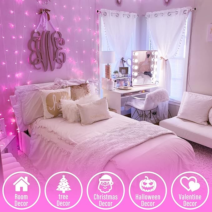 JMEXSUSS 66 Ft Pink Lights for Room Decor, 200 LED Pink String Fairy Christmas Lights Clear Wire Plug in for Bedroom Indoor Outdoor Girl's Room Decorations