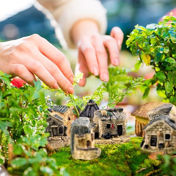 8 PCS Mini House Figurines, Miniature Village Hut Figurine, Fairy Garden Cottage Ornaments Accessories for DIY Bonsai, Succulent Planting, Terrarium, Flower Pot Decor