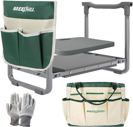 【New Upgraded】 Gardening Seat for Seniors,Foldable Garden Stool,Portable Garden Bench for Kneeling and Sitting,with Kneeling Pad,Tool Bag,Tool Pouch,Gifts for Gardeners