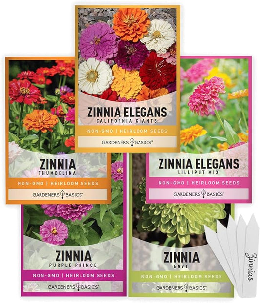 Gardeners Basics, Zinnia Seeds for Planting Outdoors Flower Seeds (5 Variety Pack) Thumbelina, Lilliput, Envy, Purple Prince and Pompon Varieties for Butterflies, Bees, Pollinators Wildflower Seed