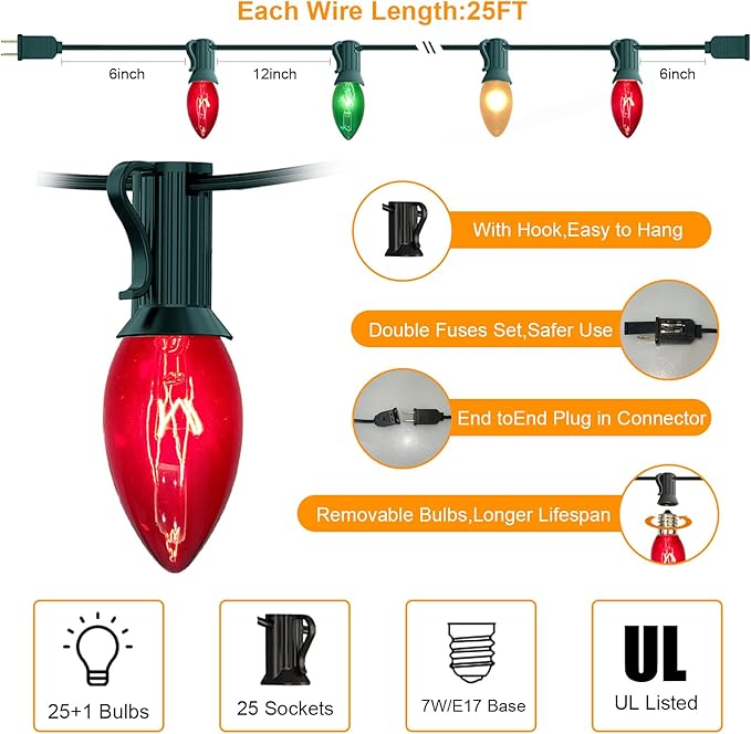 25FT C9 Christmas Lights Outdoor,Red White Green Christmas Lights with 26 Bulbs(1 Spare),C9/ E17 Base,Vintage Colored Christmas Lights for Garden, Yard, Party, Christmas Tree Decorations