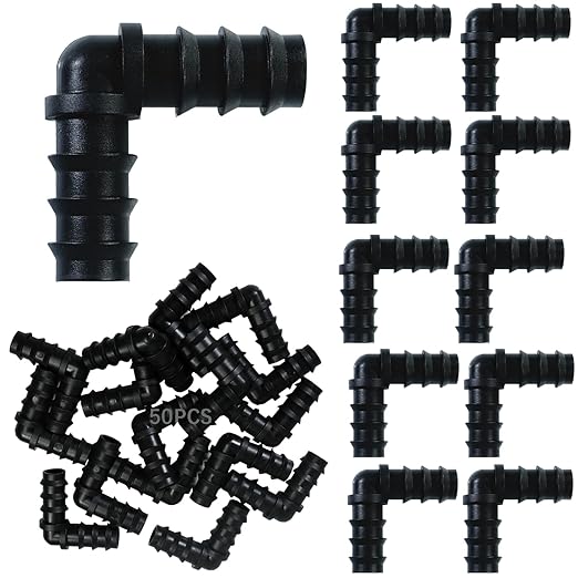 50PCS Drip Irrigation Barbed Elbow Fitting Kit for 1/2 Inch Tubing (16MM OD) .600" ID Drip Irrigation Connectors Elbow Dripline Barbed Connector Drip Irrigation Sprinkler System for Garden Lawn