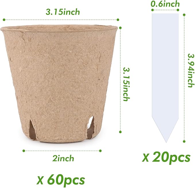Homenote Peat Pots, 60 Pcs 3.15 Inch Seed Starting Pots with Drainage Holes Round Nursery Plants Pots with Bonus 20 Plant Lab