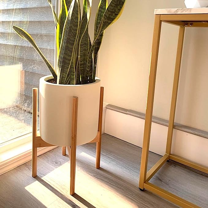 Fox & Fern Bamboo Plant Stand — 10 Inch Fixed Size Mid Century Plant Stand for Indoor Planters; Raised Flower Pot Holder for Indoors; Plug In Design; Two Height Options; Easy to Assemble - Bamboo