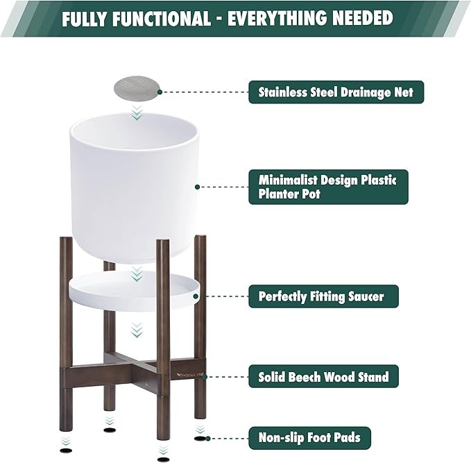 D'vine Dev Planter Pot with Stand - 8 Inch Plastic Cylinder Flower Pot with Wood Planter Holder for Indoor, Matte White Pot + Walnut Color Stand, 55-C-I-1