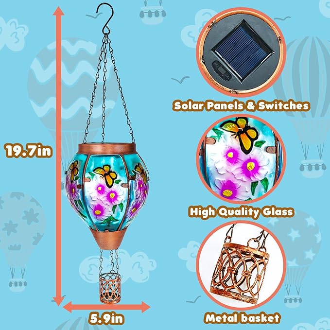 2 Pack Solar Hot Air Balloon Lantern with Flame， Butterfly Glass Outdoor Solar Lanterns for Outside Hanging Farmhouse Patio Pathway Decor, Butterfly Gifts for Women Grandma Mom - Butterfly