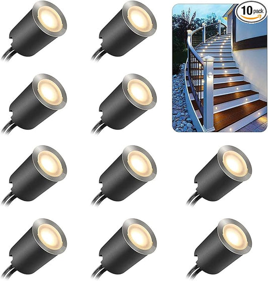 SMY Lighting 10 Pack Recessed LED Deck Light Kits with Protecting Shell, 32mm, Warm White, IP67 Waterproof, 12V Low Voltage, for Outdoor Garden, Patio, Stair, Kitchen Decoration