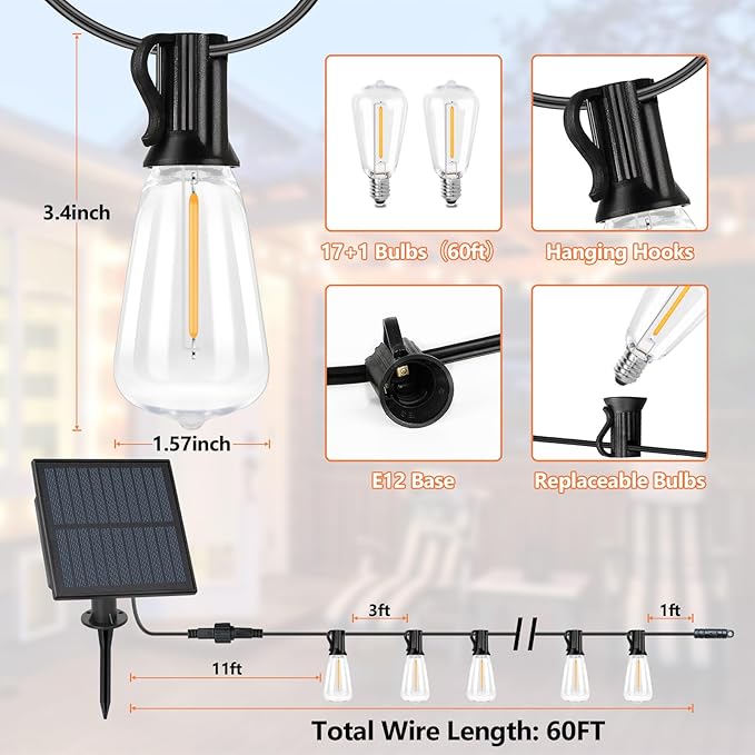 Bosceos Solar Outdoor String Lights Waterproof, 60FT Solar Powered String Lights for Outside with Shatterproof Bulbs, Dimmable ST38 LED Lights String, Patio Hanging Lights for Backyard Garden Party