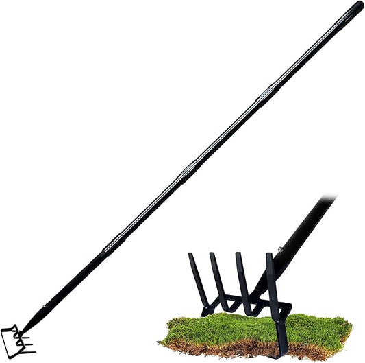 4-Tines Rake and Stirrup Hoe - Adjustable Long Handle Scuffle Loop Hula Action Hoe for Weeding, Digging, Loosening Soil, Stainless Steel Tiller Cultivator for Gardening, Raised Flower Beds Planting.