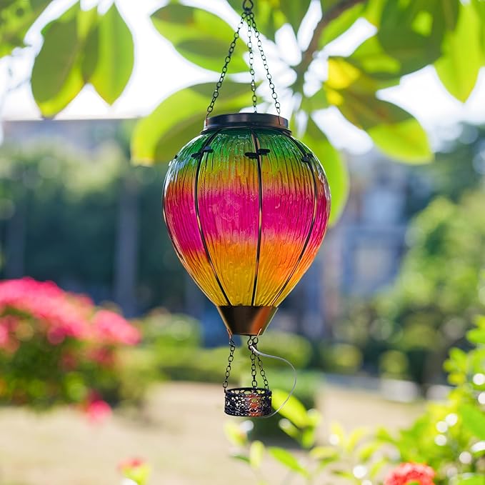 Large Solar Hot Air Balloon Lantern with Flame, Colorful Glass Hanging Balloon Lanterns Outdoor Waterproof Garden Decor for Yard Patio, Birthday Mother's Day Gifts for Women Mom